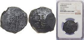 Bolivia Spanish colony 1739 P M 8 Reales - Philip V Obverse: Clear Date at bottom middle Silver (.917) Potosi Mint 25.47g NGC VF Sea Salvaged KM 31a K...