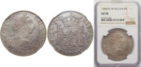 Bolivia Spanish colony 1780 PTS PR 8 Reales - Carlos III Silver (.903) Potosi Mint 27.067g NGC AU 58 KM 55