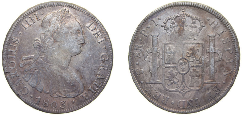 Bolivia Spanish colony 1803 PTS PJ 8 Reales - Carlos IV Silver (.896) Potosi Min...