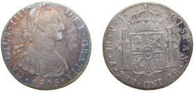 Bolivia Spanish colony 1805 PTS PJ 8 Reales - Carlos Silver (.896) Potosi Mint (3199000) 27.07g VF KM 73 Cal 684