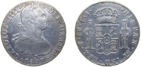 Bolivia Spanish colony 1807 PTS PJ 8 Reales - Carlos IV Silver (.896) Potosi Mint (3588000) 26.7g XF KM 73 Cal 684