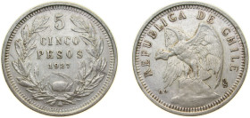 Chile Republic 1927 So 5 Pesos Silver (.900) Santiago Mint 25g XF KM 173