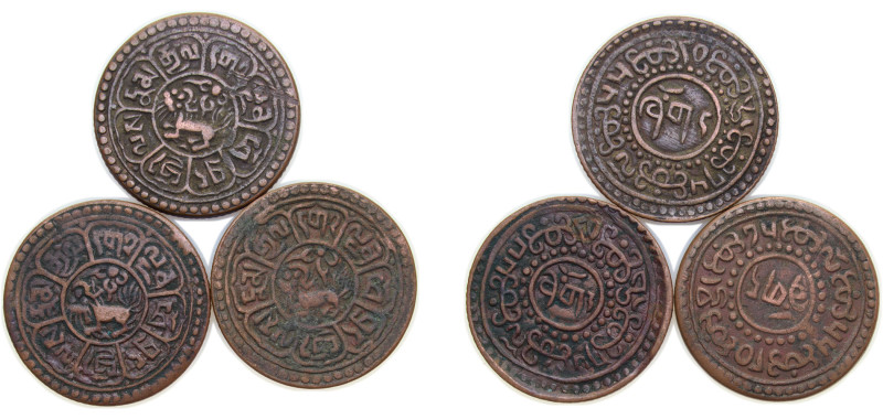 China Tibet Ganden Phodrang 1918-1928 1 Sho (Horizontal legend; 3 Lots) Copper 4...