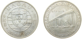 China Macau Portuguese Overseas Province 1974 20 Patacas (Ponte Macau) Silver (.650) Lisbon Mint (1000000) 18g UNC KM 8
