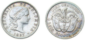Colombia Republic 1897 10 Centavos Silver (.666) Brussels Mint (2642000) 2.5g XF KM 188 Hernández 401