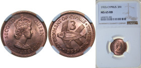 Cyprus British crown colony 1955 3 Mils - Elizabeth II (1st portrait) Bronze Royal Mint (Tower Hill) (6250000) 2.83g NGC MS 65 RB KM 33