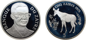 Democratic Republic of the Congo Republic 1975 5 Zaïres (Conservation, Okapi) Silver (.925) Royal Mint (6431) 35g PF KM 10 Schön 57
