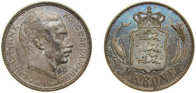 Denmark Kingdom 1915 VBP;AH 1 Krone - Christian X Silver (.800) Copenhagen Mint (1410000) 7.5g UNC Beautiful Patina KM 819