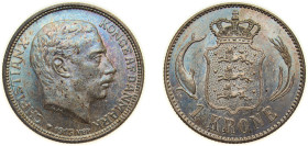 Denmark Kingdom 1915 VBP;AH 1 Krone - Christian X Silver (.800) Copenhagen Mint (1410000) 7.5g UNC Beautiful Patina KM 819