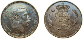 Denmark Kingdom 1915 VBP;AH 1 Krone - Christian X Silver (.800) Copenhagen Mint (1410000) 7.5g UNC Beautiful Patina KM 819