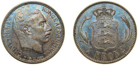 Denmark Kingdom 1915 VBP;AH 1 Krone - Christian X Silver (.800) Copenhagen Mint (1410000) 7.5g UNC Beautiful Patina KM 819