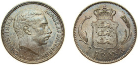 Denmark Kingdom 1916 VBP;AH 1 Krone - Christian X Silver (.800) Copenhagen Mint (992000) 7.5g UNC Beautiful Patina KM 819