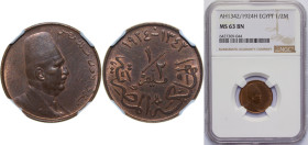 Egypt Kingdom AH 1342 (1924) H ½ Millieme - Fuad (right) Bronze Heaton and Sons / The Mint Birmingham Limited (3000000) 3.3g NGC MS 63 BN KM 330