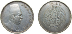 Egypt Kingdom AH 1341 (1923) H 20 Qirsh - Fuad (right) Silver (.833) Heaton and Sons / The Mint Birmingham Limited (50000) 28g XF KM 338
