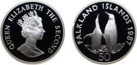 Falkland Islands British Overseas Territory 1987 50 Pence - Elizabeth II (WWF, King Penguins; Silver Proof Issue) Silver (.925) (25000) 28.28g PF KM 2...