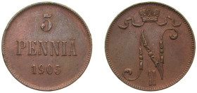 Finland Grand duchy 1905 5 Penniä - Nikolai II Copper Helsinki Mint (620000) 6.4g UNC KM 15 Schön 2