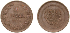 Finland Grand duchy 1917 10 Penniä - Nikolai II (Civil War Coinage) Copper Helsinki Mint 12.8g UNC KM 18 Schön 12