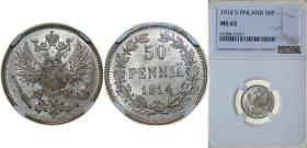 Finland Grand duchy 1914 S 50 Penniä - Nikolai II Silver (.750) Helsinki Mint (600000) 2.55g NGC MS 65 KM 2.2 Schön 5