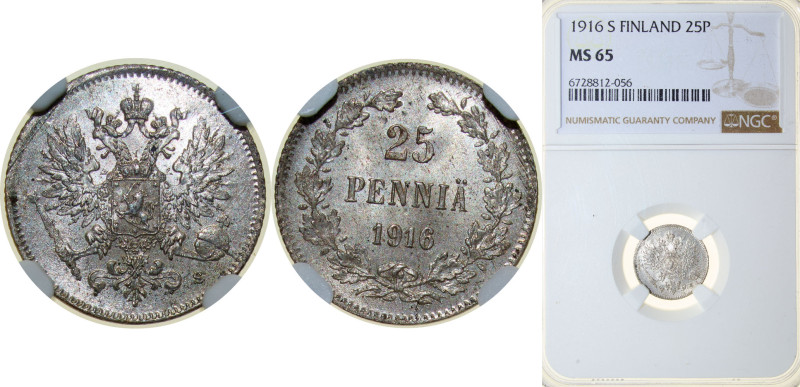 Finland Grand duchy 1916 S 25 Penniä - Nikolai II (with crown) Silver (.750) Hel...