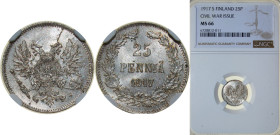 Finland Grand duchy 1917 S 25 Penniä - Nikolai II (Civil War Coinage; without crown) Silver (.750) Helsinki Mint (2310000) 1.275g NGC MS 66 KM 19 Schö...