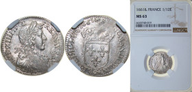 France Kingdom 1661 & ¹⁄₁₂ Ecu - Louis XIV Silver (.917) Aix-en-Provence Mint (200000) 2.261g NGC MS63 Top Pop Dy royales 1486 KM 199.14