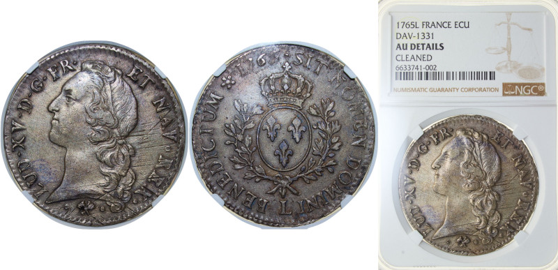 France Kingdom 1765 L 1 Écu - Louis XV Silver (.917) Bayonne Mint 29.488g NGC AU...