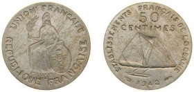 French Polynesia French Overseas Territory 1948 50 Centimes (Essai, raised design) Bronze-nickel Paris Mint (1100) 2.7g SP KM E2