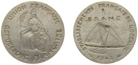 French Polynesia French Overseas Territory 1948 1 Franc (Essai, raised design) Bronze-nickel (Nickel-Bronze) Paris Mint (1100) SP KM E4