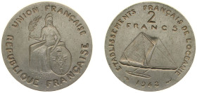 French Polynesia French Overseas Territory 1948 2 Francs (Essai, raised design) Bronze-nickel Paris Mint (1100) 10g SP KM E6