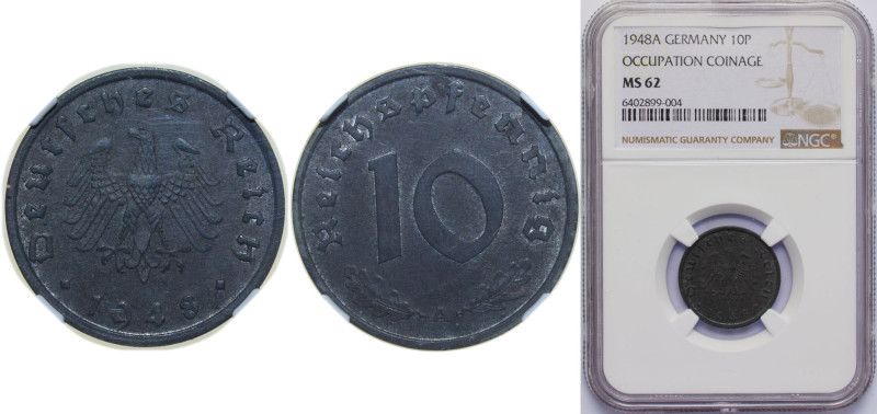 Germany Allied Occupation 1948 A 10 Reichspfennig Zinc Berlin Mint 3.5g NGC MS 6...