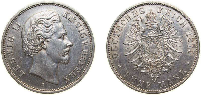 Germany Kingdom of Bavaria Second Empire 1875 D 5 Mark - Ludwig II Silver (.900)...