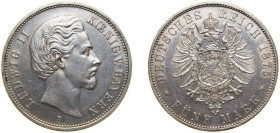 Germany Kingdom of Bavaria Second Empire 1875 D 5 Mark - Ludwig II Silver (.900) Munich Mint (657000) 27.777g XF KM 896 J 42 Schön 4 AKS 194