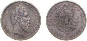 Germany Kingdom of Württemberg Second Empire 1875 F 5 Mark - Karl I Silver (.900) Stuttgart Mint (317851) 27.778g VF KM 623 J 173