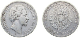 Germany Kingdom of Bavaria Second Empire 1876 D 2 Mark - Ludwig II Silver (.900) Munich Mint (5370000) 10.9g VF KM 903 AKS 195 J 41