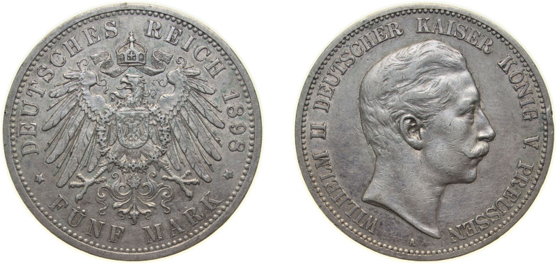 Germany Kingdom of Prussia Second Empire 1898 A 5 Mark - Wilhelm II Silver (.900...