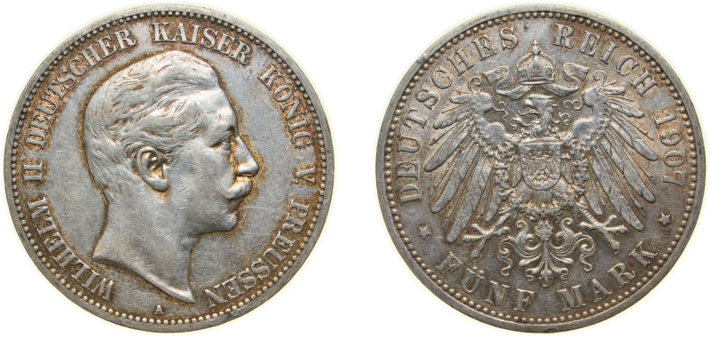 Germany Kingdom of Prussia Second Empire 1907 A 5 Mark - Wilhelm II Silver (.900...