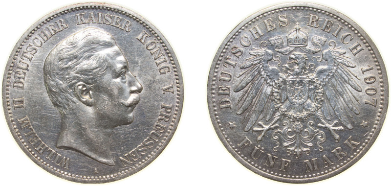 Germany Kingdom of Prussia Second Empire 1907 A 5 Mark - Wilhelm II Silver (.900...