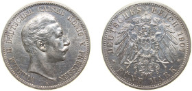 Germany Kingdom of Prussia Second Empire 1907 A 5 Mark - Wilhelm II Silver (.900) Berlin Mint (2103338) 27.777g AU KM 523 AKS 129 J 104