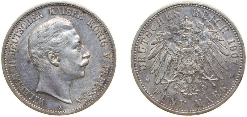 Germany Kingdom of Prussia Second Empire 1907 A 5 Mark - Wilhelm II Silver (.900...