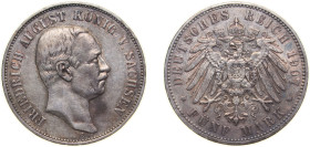 Germany Kingdom of Saxony (Albertinian Line) Second Empire 1907 E 5 Mark - Friedrich August III Silver (.900) Muldenhütten Mint (398043) 27.77g XF KM ...