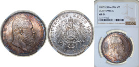 Germany Kingdom of Württemberg Second Empire 1907 F 5 Mark - Wilhelm II Silver (.900) Stuttgart Mint (436321) 27.778g NGC MS 64 KM 632 J 176 Schön 11 ...