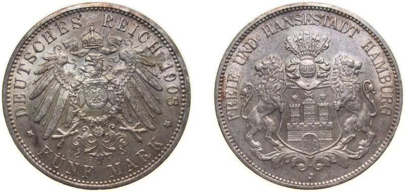 Germany Free Hanseatic city of Hamburg Second Empire 1908 J 5 Mark Silver (.900)...