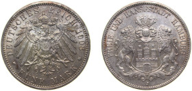 Germany Free Hanseatic city of Hamburg Second Empire 1908 J 5 Mark Silver (.900) Hamburg Mint (458000) 27.777g AU KM 610 J 65