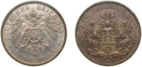 Germany Free Hanseatic city of Hamburg Second Empire 1908 J 5 Mark Silver (.900) Hamburg Mint (458000) 27.777g AU KM 610 J 65