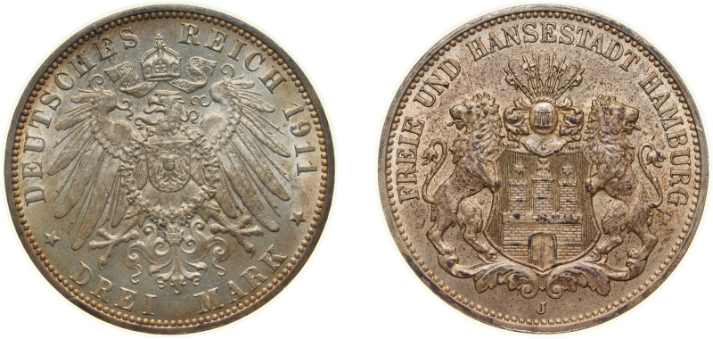 Germany Free Hanseatic city of Hamburg Second Empire 1911 J 3 Mark Silver (.900)...