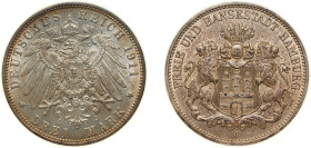 Germany Free Hanseatic city of Hamburg Second Empire 1911 J 3 Mark Silver (.900) Hamburg Mint (922000) 16.67g UNC KM 620 J 64