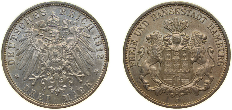 Germany Free Hanseatic city of Hamburg Second Empire 1912 J 3 Mark Silver (.900)...
