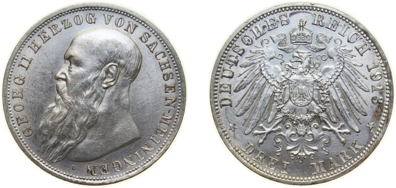 Germany Duchy of Saxe-Meiningen Second Empire 1913 D 3 Mark - Georg II Silver (....