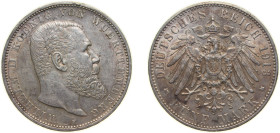 Germany Kingdom of Württemberg Second Empire 1913 F 5 Mark - Wilhelm II Silver (.900) Stuttgart Mint (341200) 27.778g AU KM 632 J 176 Schön 11 AKS 143...