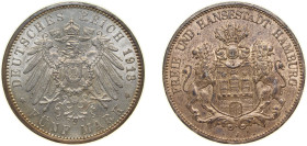 Germany Free Hanseatic city of Hamburg Second Empire 1913 J 5 Mark Silver (.900) Hamburg Mint (327000) 27.777g UNC KM 610 J 65
